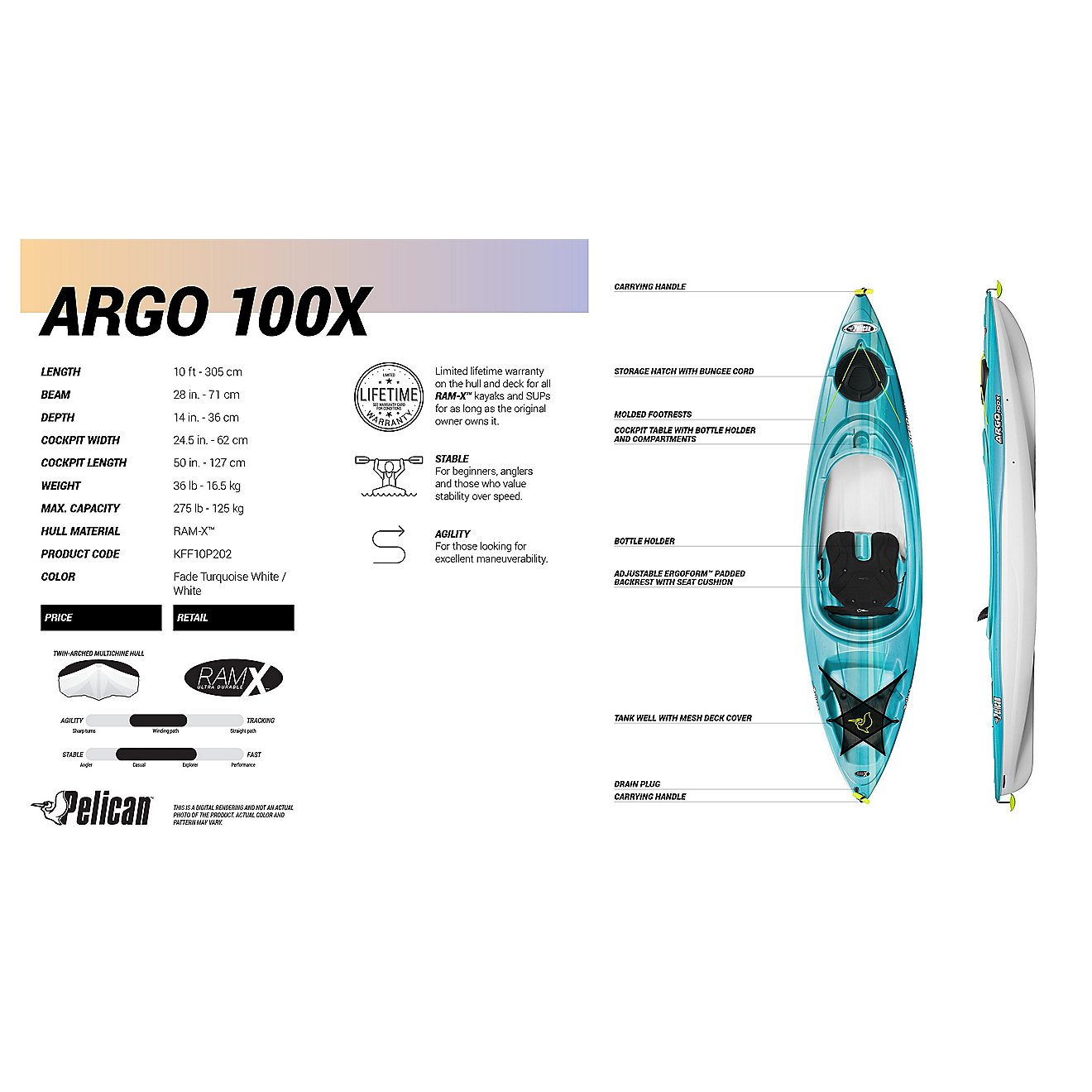 Pelican Argo 100X 10 ft Recreational Sit-in Kayak                                                                                - view number 3