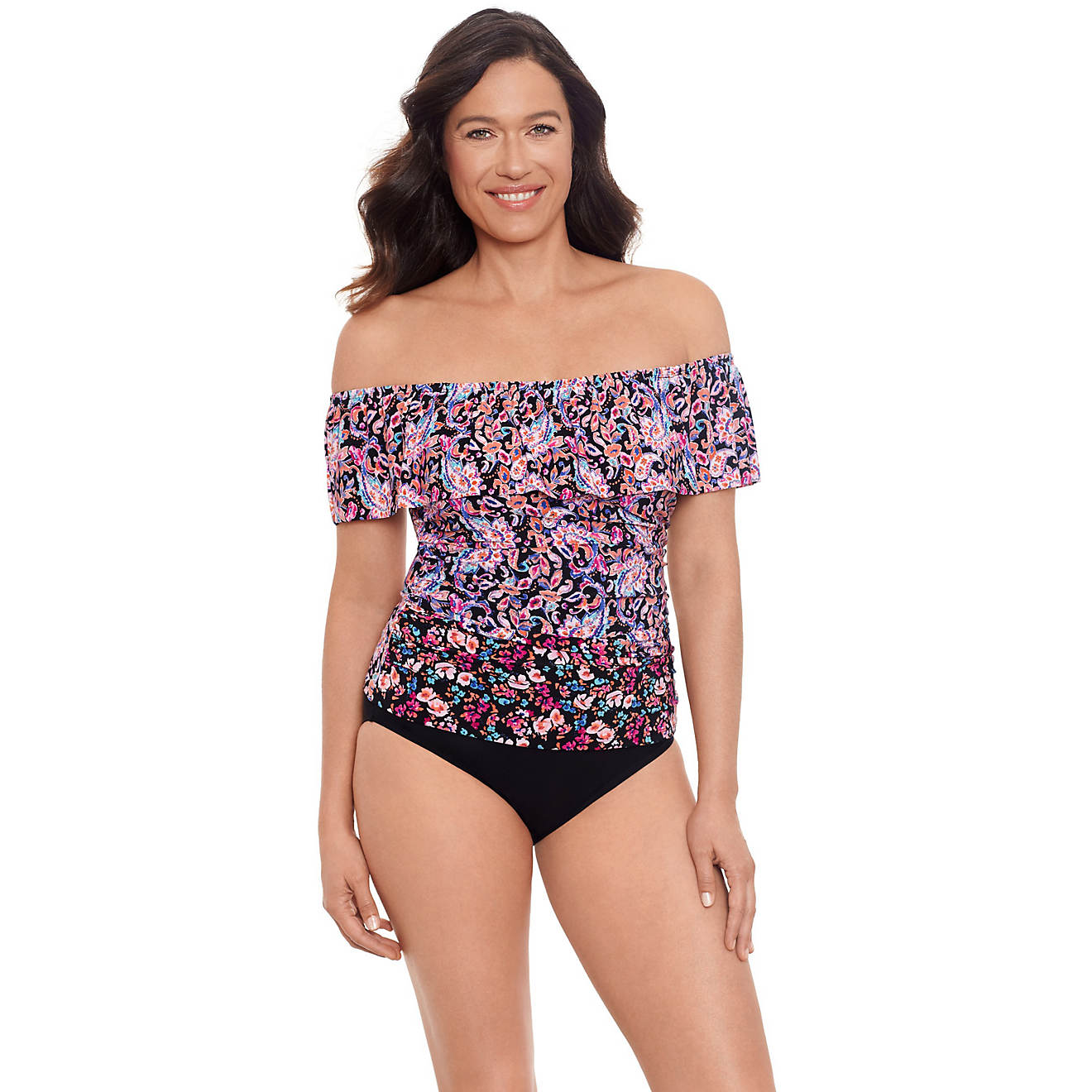 Coastal Cove Women's Midnight Paisley Cold Shoulder Tankini Swim Top                                                             - view number 1