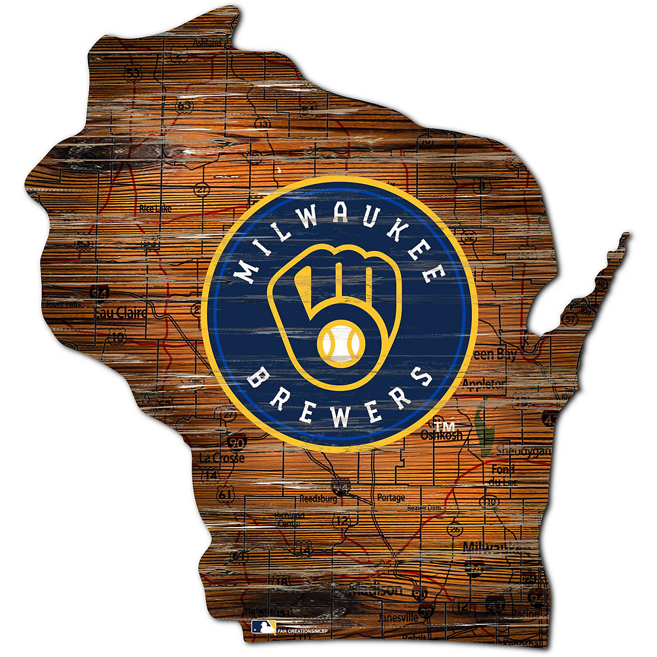 Fan Creations Milwaukee Brewers Logo Distressed State Sign                                                                       - view number 1