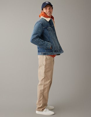 AE Chamarra de Camionero de Tela de Rizo y Denim