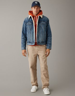 AE Chamarra de Camionero de Tela de Rizo y Denim