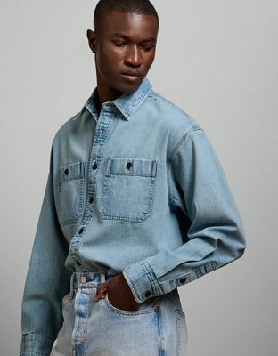 Мужская рубашка American Eagle AE77 Long-Sleeve Chambray, цвет: Средняя варка — фото 5