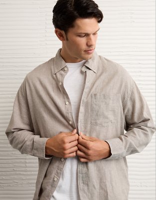 AE Everyday Relaxed Fit Linen-Blend Plaid Button-Up Shirt
