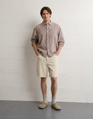 Мужская рубашка American Eagle AE Relaxed Fit Linen-Blend Button-Up, цвет: Коричневый — фото 5