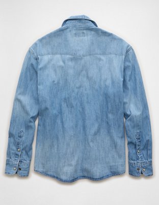 Мужская рубашка American Eagle AE Relaxed Fit Western Denim, цвет: Небесно-голубой — фото 4