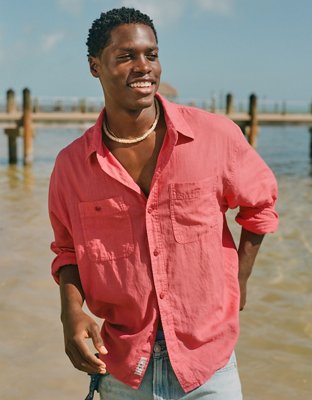 AE Relaxed Fit Linen-Blend Button-Up Shirt Men's Coral Cottage XXXL