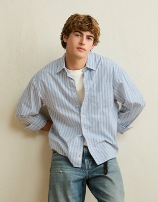 Мужская рубашка American Eagle AE Relaxed Fit Poplin Button-Up, цвет: Синий — фото 5