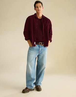 Мужская рубашка American Eagle AE Relaxed Fit Corduroy Button-Up, цвет: Бордовый — фото 4