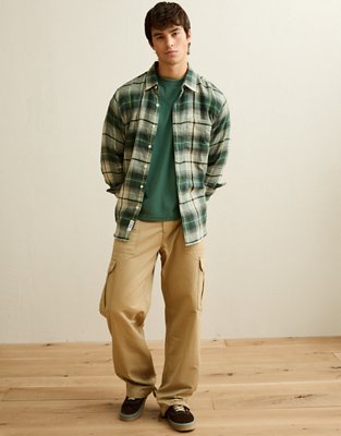 Мужская рубашка American Eagle AE Standard Fit Gauze Button-Up, цвет: Оливковый — фото 4