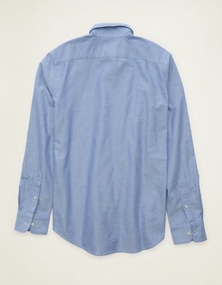 Мужская рубашка American Eagle AE Slim Fit Oxford Button-Up, цвет: Синий — фото 4