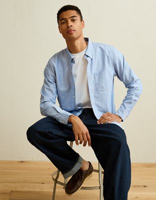 Мужская рубашка American Eagle AE Slim Fit Oxford Button-Up, цвет: Синий — фото 7