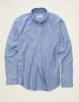 Мужская рубашка American Eagle AE Slim Fit Oxford Button-Up, цвет: Синий — фото 3