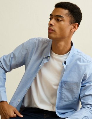 Мужская рубашка American Eagle AE Slim Fit Oxford Button-Up, цвет: Синий — фото 5