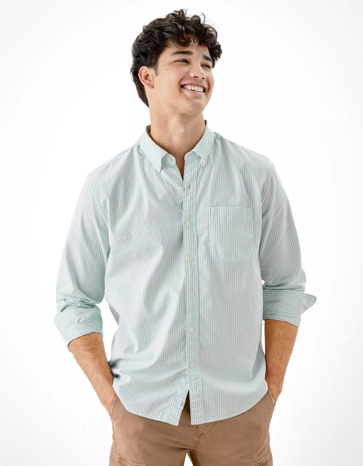 AE Distressed Striped Oxford Button-Up Shirt