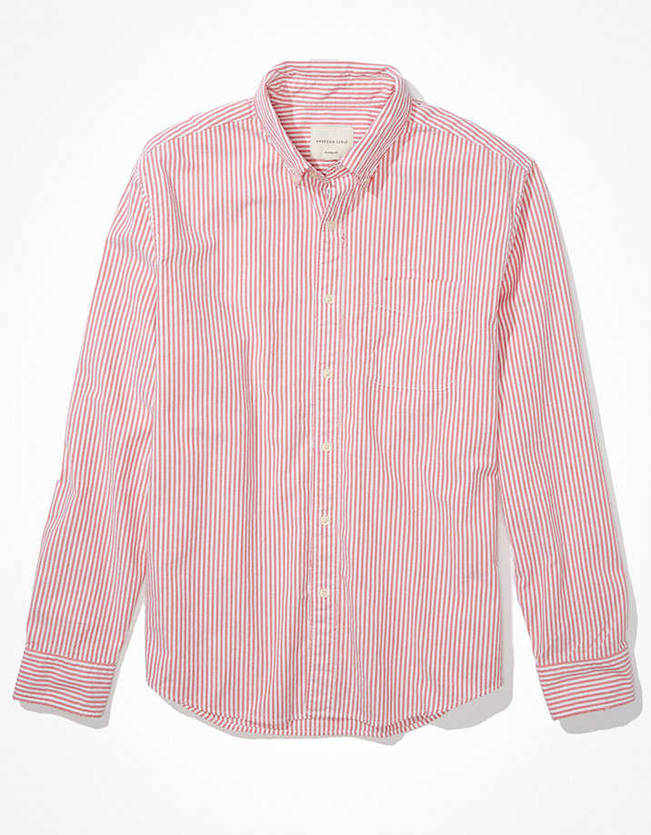 AE Distressed Striped Oxford Button-Up Shirt