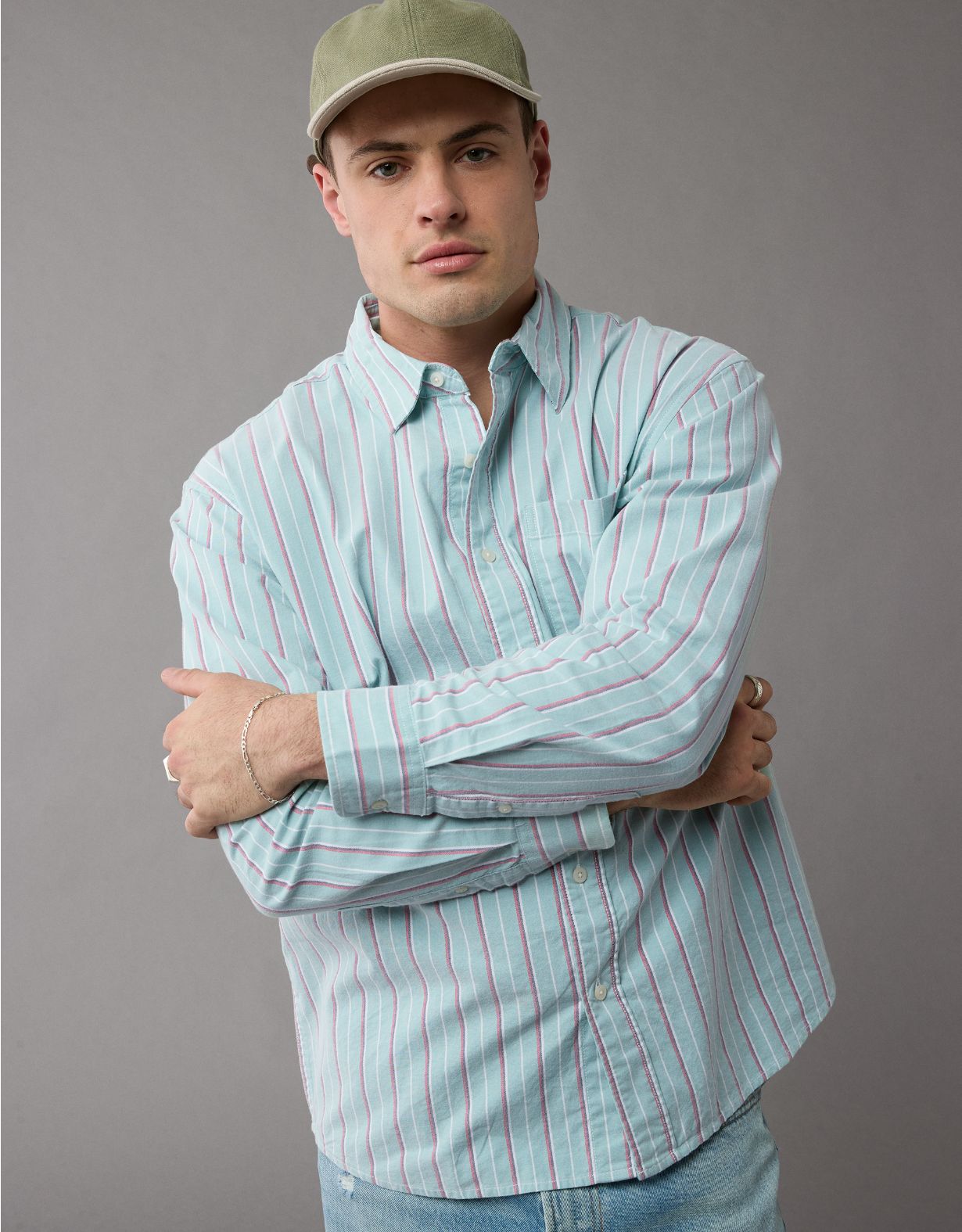 AE Everyday Relaxed Striped Oxford Button-Up Shirt