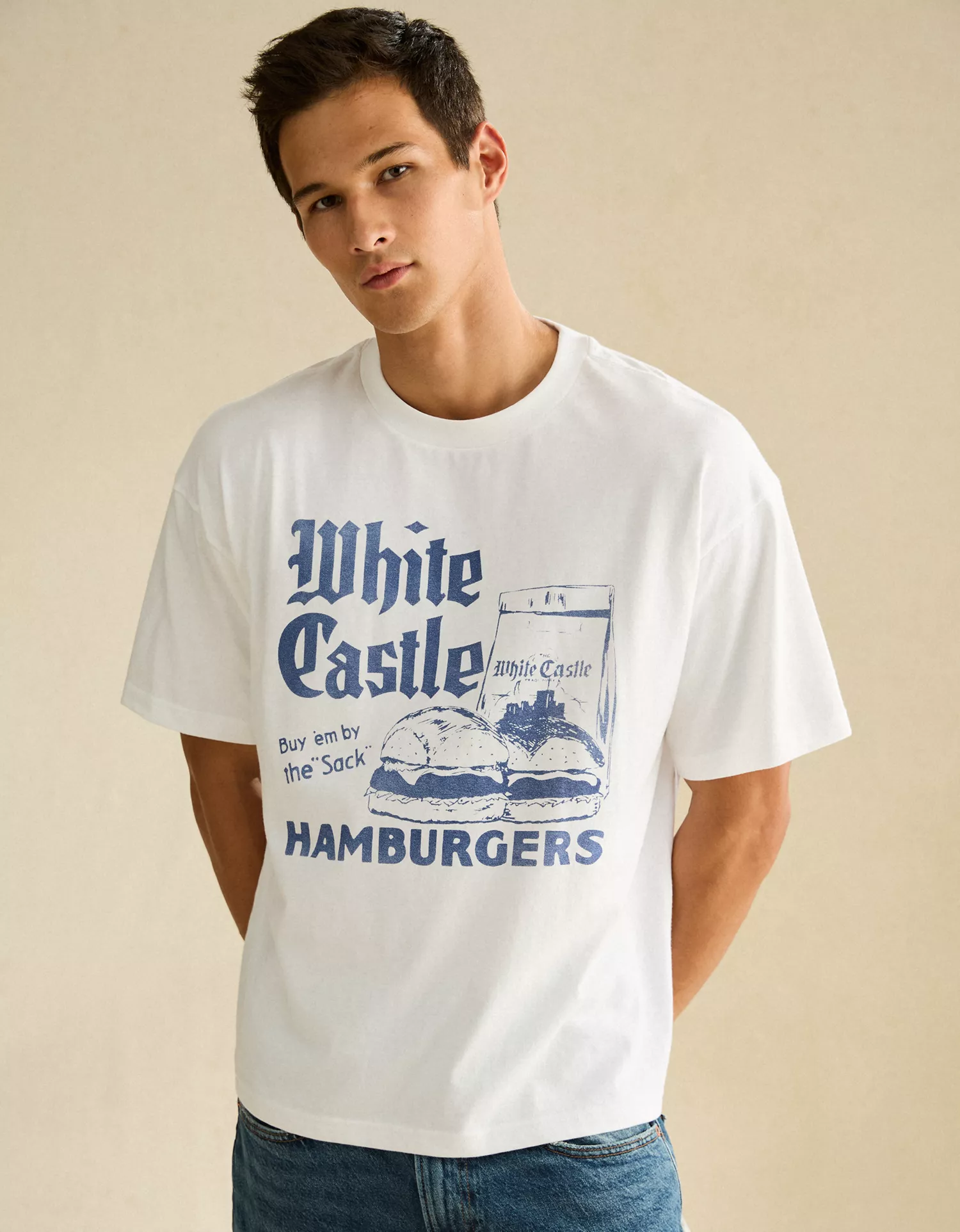 AE Boxy Fit White Castle Graphic T-Shirt