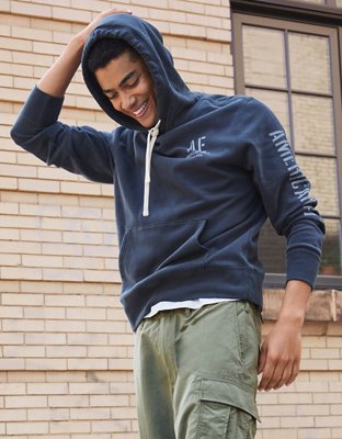 Buy American Eagle Men Black Super Soft Graphic Hoodie online