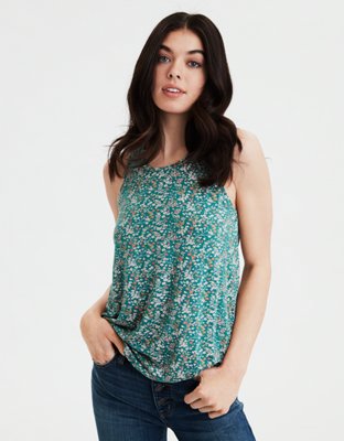 AE Floral Print Tank Top, Green American Eagle Outfitters