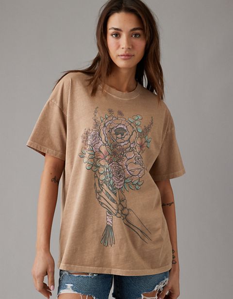 Женские футболки American Eagle AE Oversized Valentine Skeleton Flower Graphic Tee