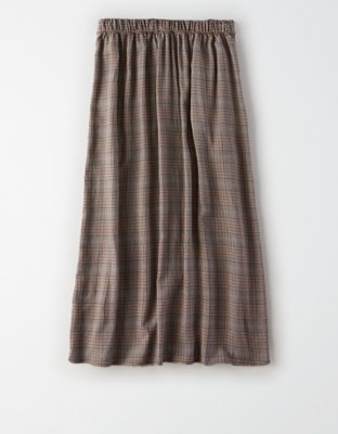 AE High-Waisted Plaid Button Front Midi Skirt