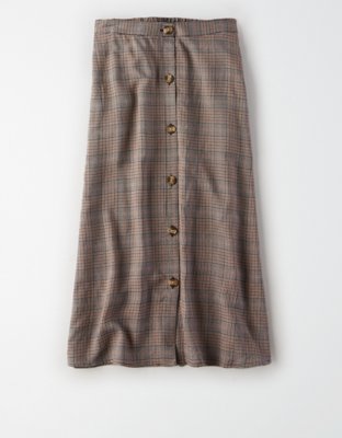 AE High-Waisted Plaid Button Front Midi Skirt
