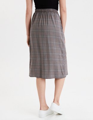 AE High-Waisted Plaid Button Front Midi Skirt