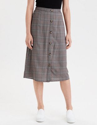 AE High-Waisted Plaid Button Front Midi Skirt