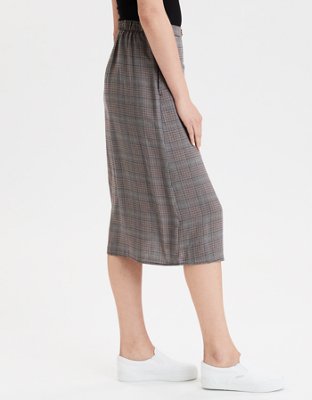 AE High-Waisted Plaid Button Front Midi Skirt