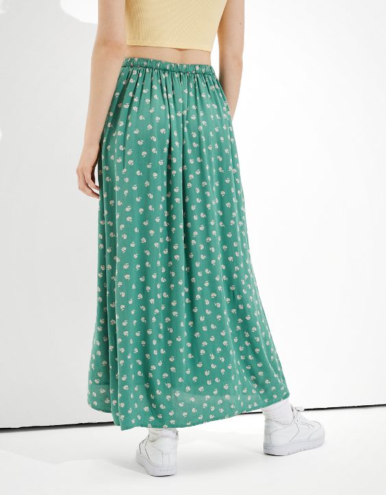 AE Floral Button-Up Slit Midi Skirt
