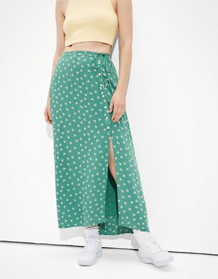 AE Floral Button-Up Slit Midi Skirt