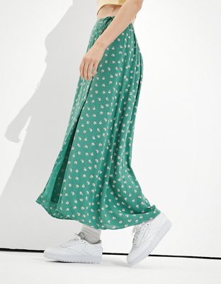 AE Floral Button-Up Slit Midi Skirt