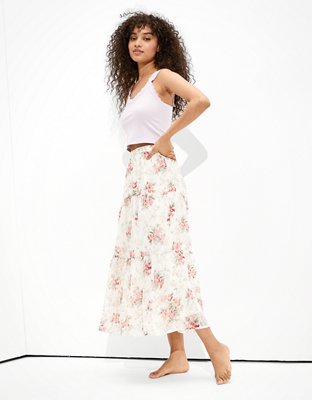 AE Floral Tiered Midi Skirt