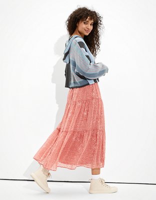 AE Floral Tiered Midi Skirt