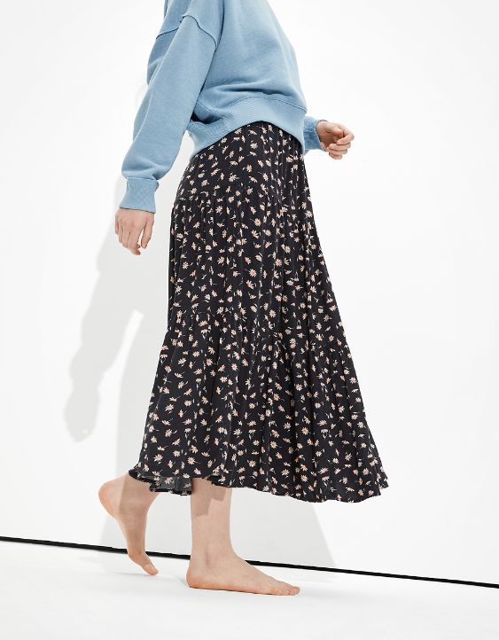 AE Floral Tiered Midi Skirt
