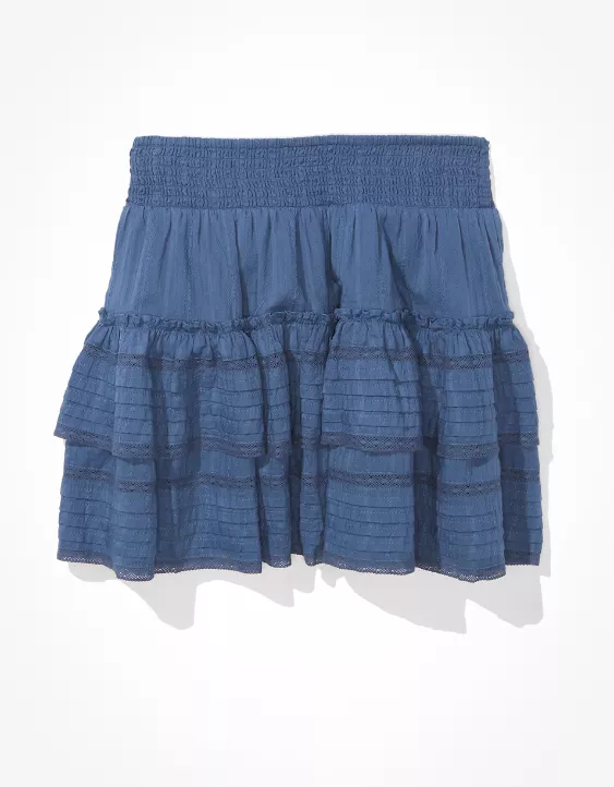 NEW MIX Tiered Ruffled Stretch Teal Blue Mini Skirt 