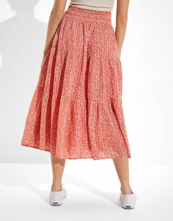 AE Button-Up Tiered Midi Skirt