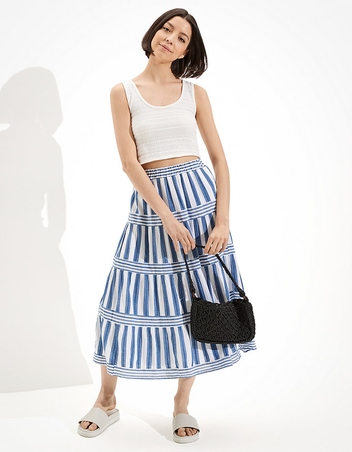 AE Striped Tiered Midi Skirt