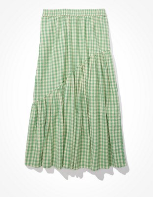 AE Gingham Asymmetrical Tiered Midi Skirt | American Eagle