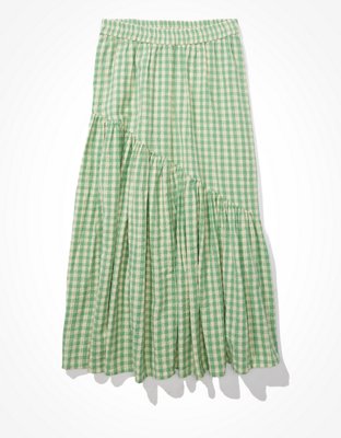 AE Gingham Asymmetrical Tiered Midi Skirt