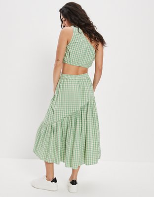 AE Gingham Asymmetrical Tiered Midi Skirt | American Eagle