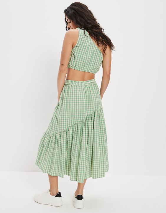 AE Gingham Asymmetrical Tiered Midi Skirt