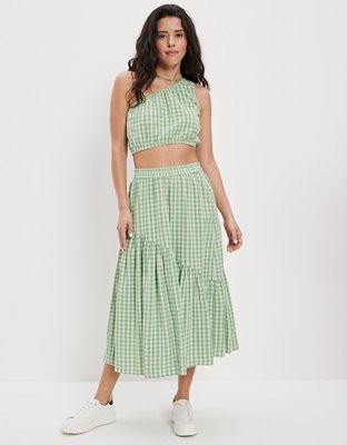 AE Gingham Asymmetrical Tiered Midi Skirt