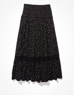 AE Floral Smocked Waist Hi-Lo Midi Skirt