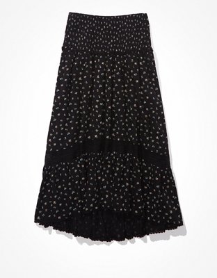 AE Floral Smocked Waist Hi-Lo Midi Skirt