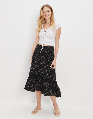 AE Floral Smocked Waist Hi-Lo Midi Skirt