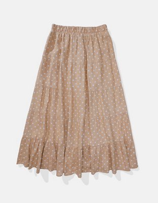 AE Button-Front Tiered Midi Skirt