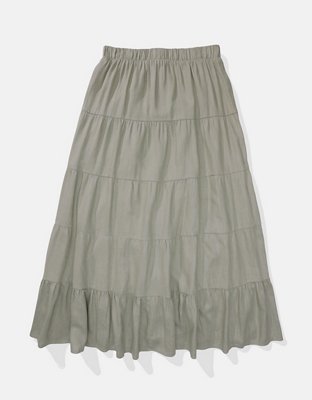AE Button-Front Tiered Midi Skirt