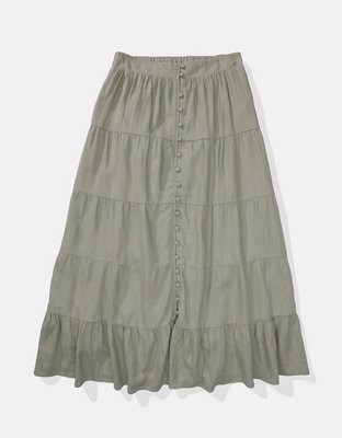 AE Button-Front Tiered Midi Skirt