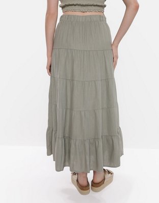 AE Button-Front Tiered Midi Skirt